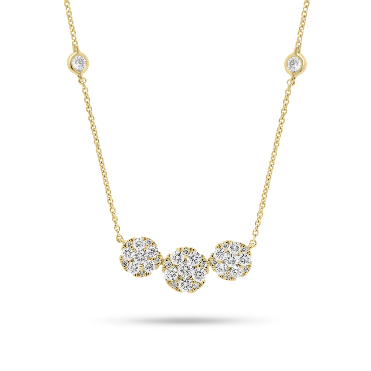 Halo Diamond Trio Necklace with Bezel-Set Diamonds - 18K gold weighing 2.88 grams - 35 round diamonds weighing 0.64 carats