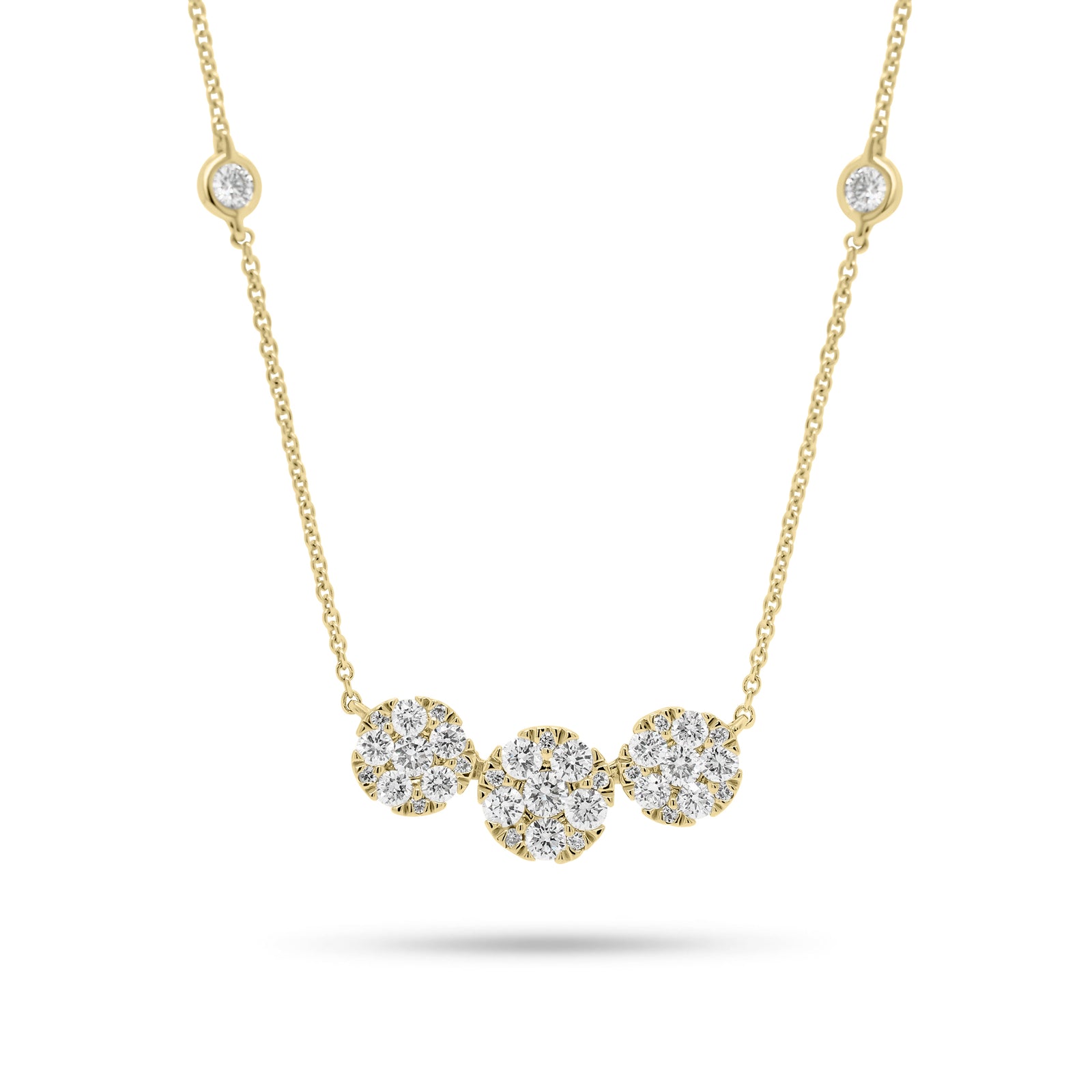 Halo Diamond Trio Necklace with Bezel-Set Diamonds - 18K gold weighing 2.88 grams  - 35 round diamonds weighing 0.64 carats