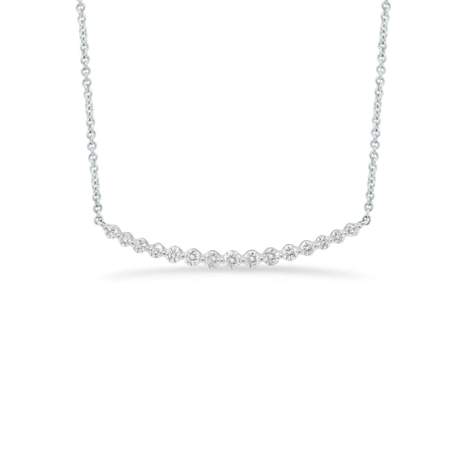 Diamond Single-Prong Bar Necklace -14k white gold weighing 3.44 grams -15 round diamonds totaling 0.50 carats