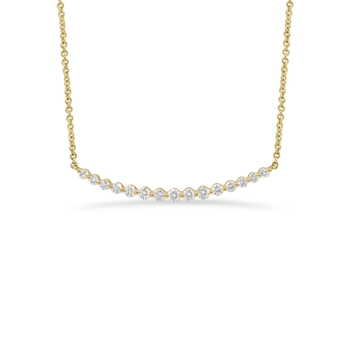 Diamond Single-Prong Bar Necklace -14k yellow gold weighing 3.44 grams -15 round diamonds totaling 0.50 carats