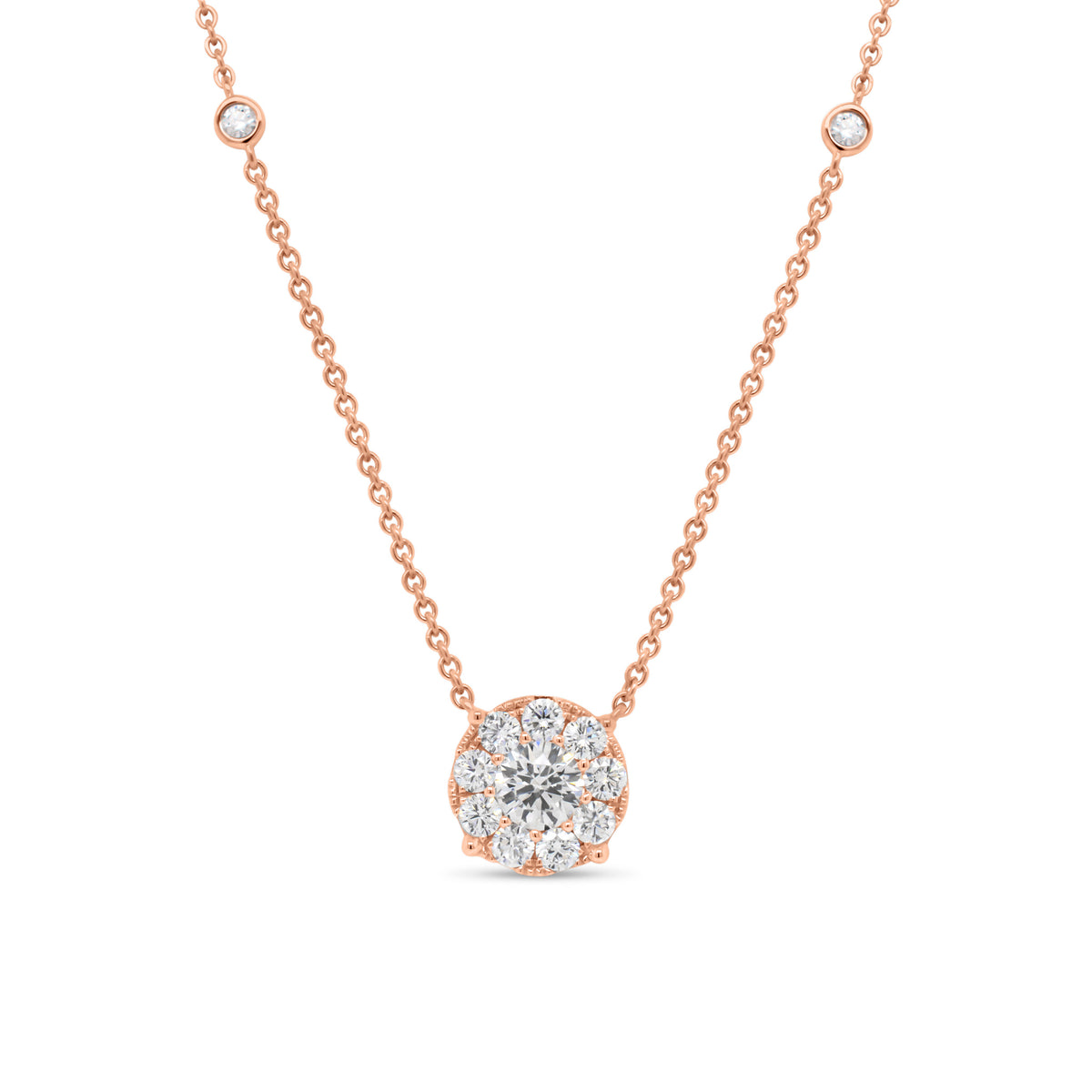 Halo Diamond Pendant on Diamond Chain - 14K gold weighing 4.33 grams   - 0.41 ct round diamond (GIA-graded G-color, VS2 clarity)   - 9 round diamonds weighing 0.45 carats  - 4 round diamonds weighing 0.10 carats 