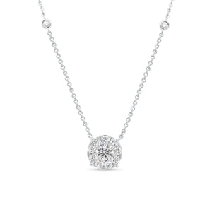 Halo Diamond Pendant on Diamond Chain - 14K gold weighing 4.33 grams   - 0.41 ct round diamond (GIA-graded G-color, VS2 clarity)   - 9 round diamonds weighing 0.45 carats  - 4 round diamonds weighing 0.10 carats 