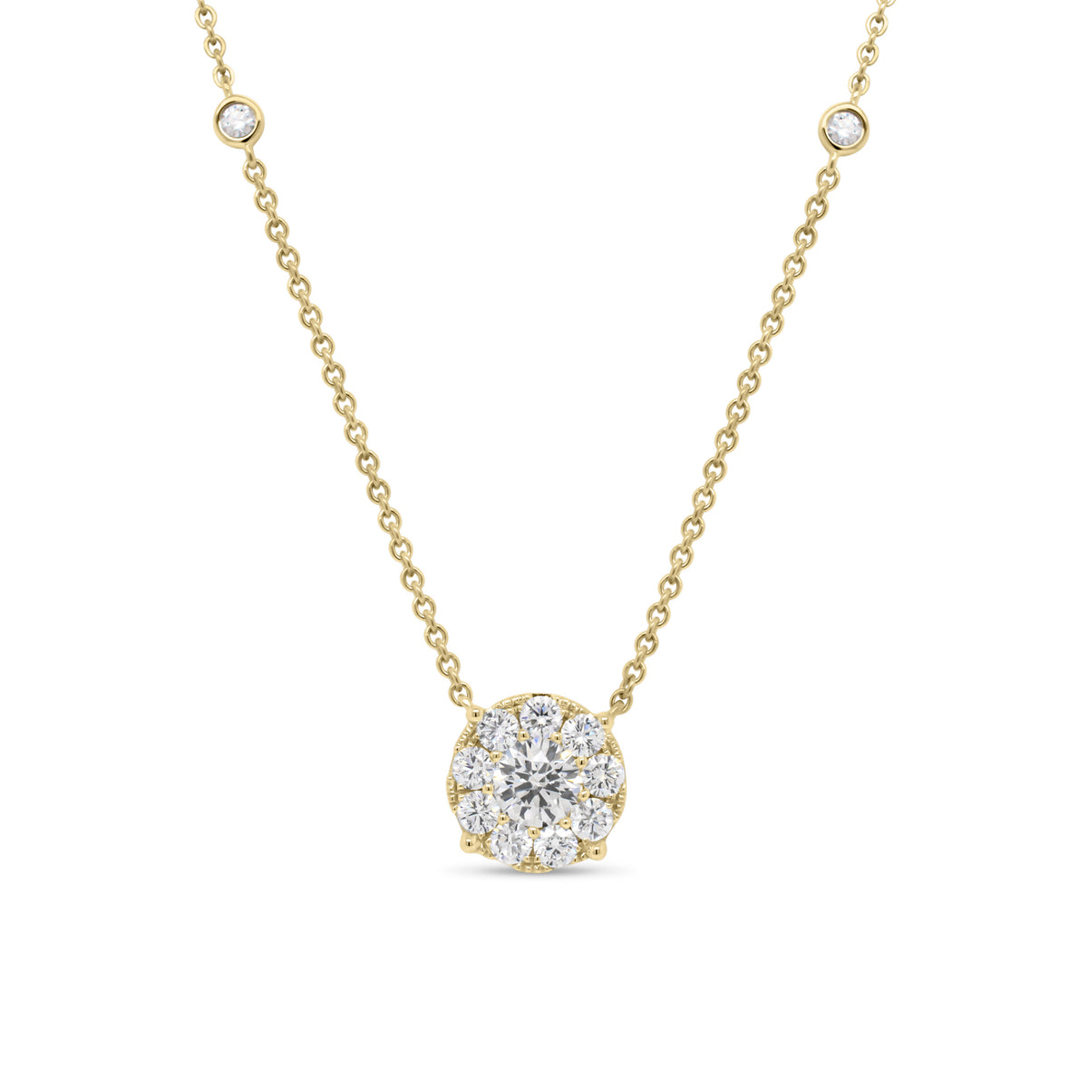 Halo Diamond Pendant on Diamond Chain - 14K gold weighing 4.33 grams   - 0.41 ct round diamond (GIA-graded G-color, VS2 clarity)   - 9 round diamonds weighing 0.45 carats  - 4 round diamonds weighing 0.10 carats 