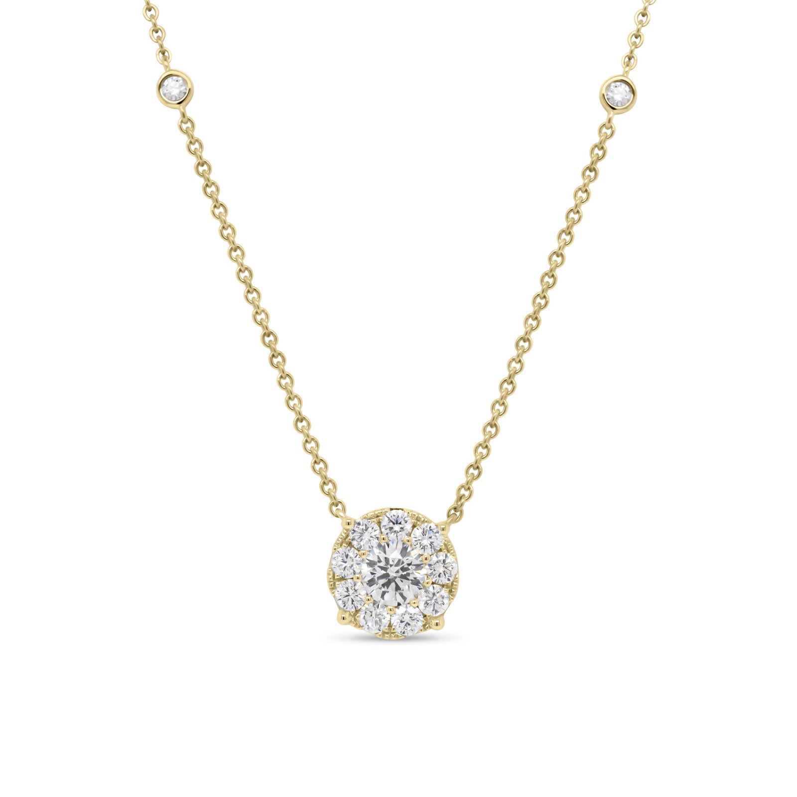 Halo Diamond Pendant on Diamond Chain - 14K gold weighing 4.33 grams   - 0.41 ct round diamond (GIA-graded G-color, VS2 clarity)   - 9 round diamonds weighing 0.45 carats  - 4 round diamonds weighing 0.10 carats 