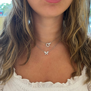 Female Model Wearing Diamond Butterfly Pendant on Cable Chain With Diamonds - 18K gold weighing 3.96 grams - 58 round diamonds weighing 0.33 carats - 18 slim baguettes weighing 0.24 carats