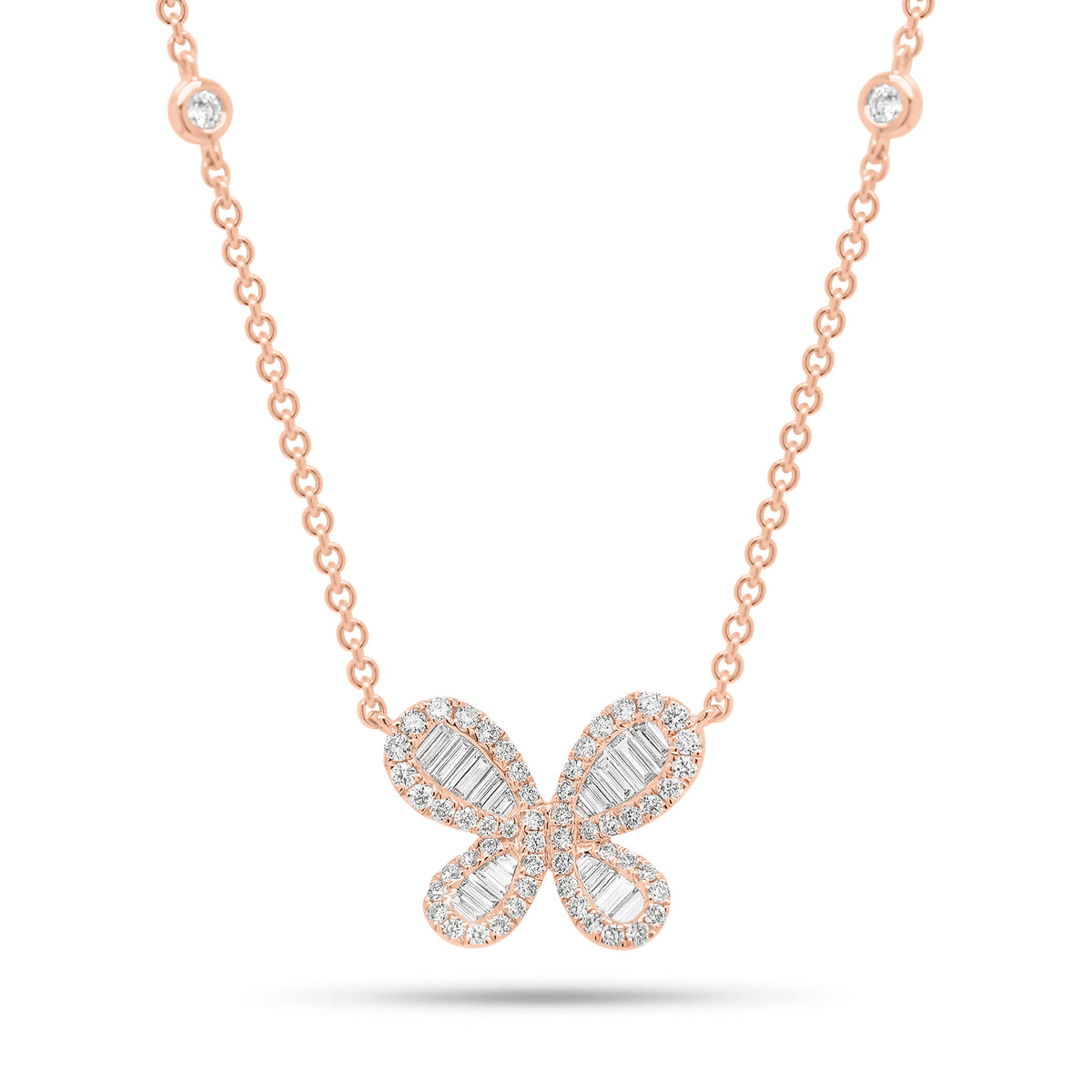 Diamond Butterfly Pendant on Cable Chain With Diamonds - 18K gold weighing 3.96 grams - 58 round diamonds weighing 0.33 carats - 18 slim baguettes weighing 0.24 carats