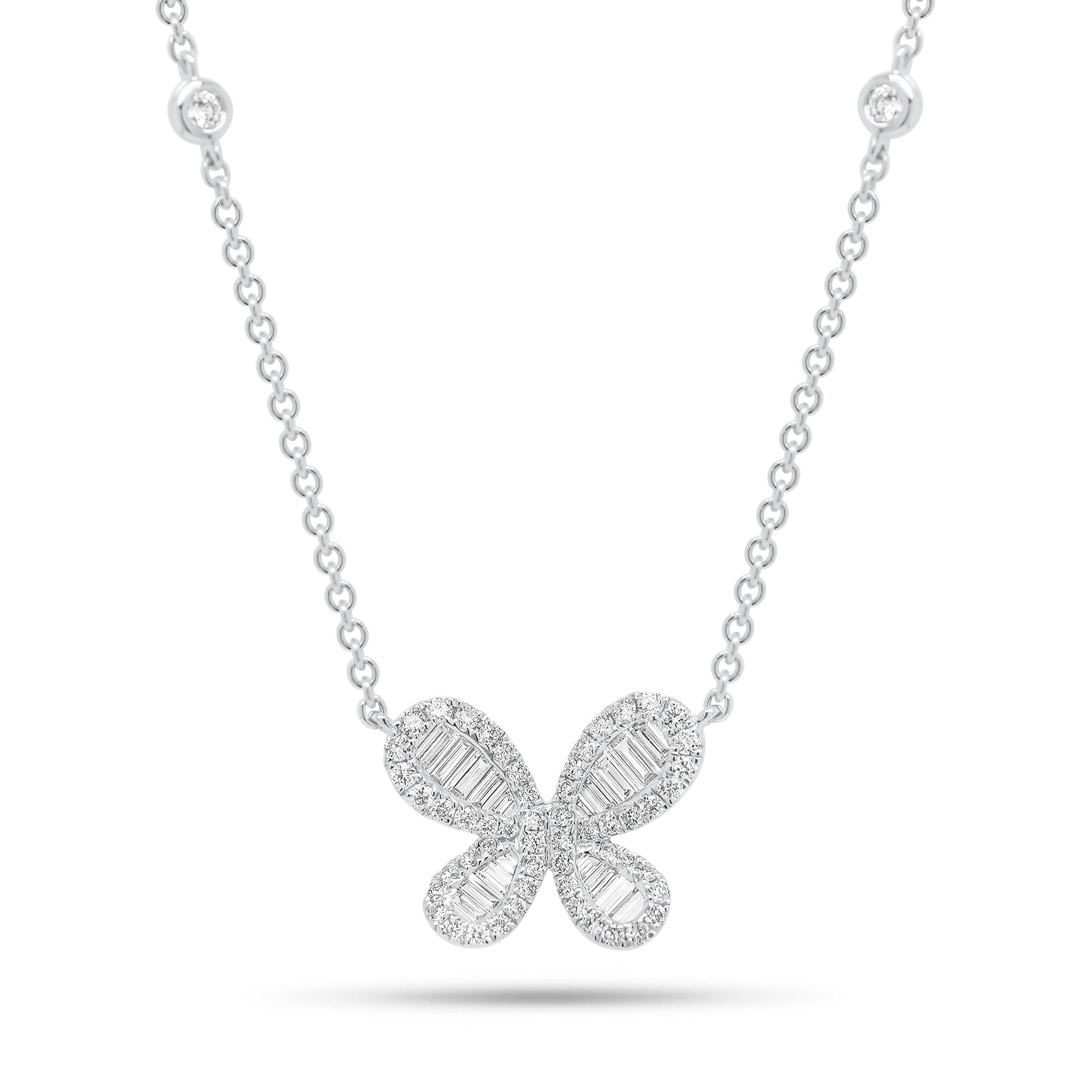 Diamond Butterfly Pendant on Cable Chain With Diamonds - 18K gold weighing 3.96 grams  - 58 round diamonds weighing 0.33 carats  - 18 slim baguettes weighing 0.24 carats