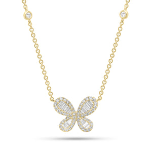 Diamond Butterfly Pendant on Cable Chain With Diamonds - 18K gold weighing 3.96 grams - 58 round diamonds weighing 0.33 carats - 18 slim baguettes weighing 0.24 carats