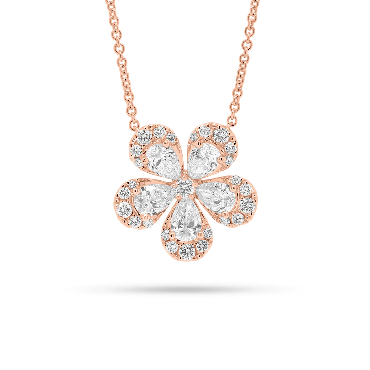 Round & Pear-Shaped Diamond Flower Pendant Necklace - 18K gold weighing 6.32 grams - 5 pear-shaped diamonds weighing 1.49 carats - 30 round diamonds weighing 0.54 carats