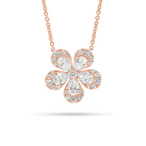 Round & Pear-Shaped Diamond Flower Pendant Necklace - 18K gold weighing 6.32 grams - 5 pear-shaped diamonds weighing 1.49 carats - 30 round diamonds weighing 0.54 carats
