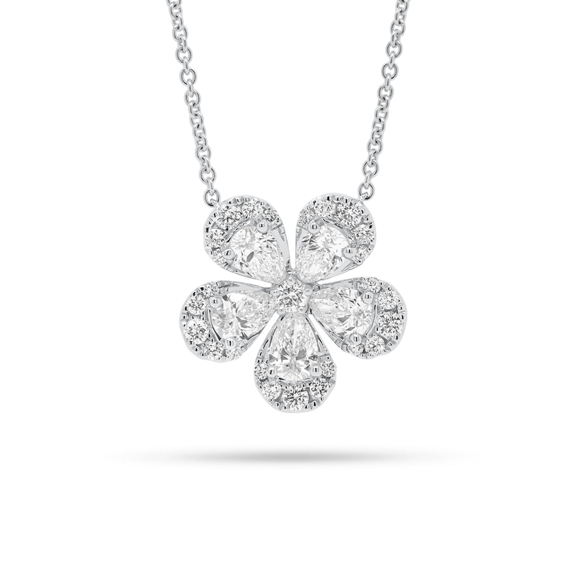 Round & Pear-Shaped Diamond Flower Pendant Necklace - 18K gold weighing 6.32 grams  - 5 pear-shaped diamonds weighing 1.49 carats  - 30 round diamonds weighing 0.54 carats