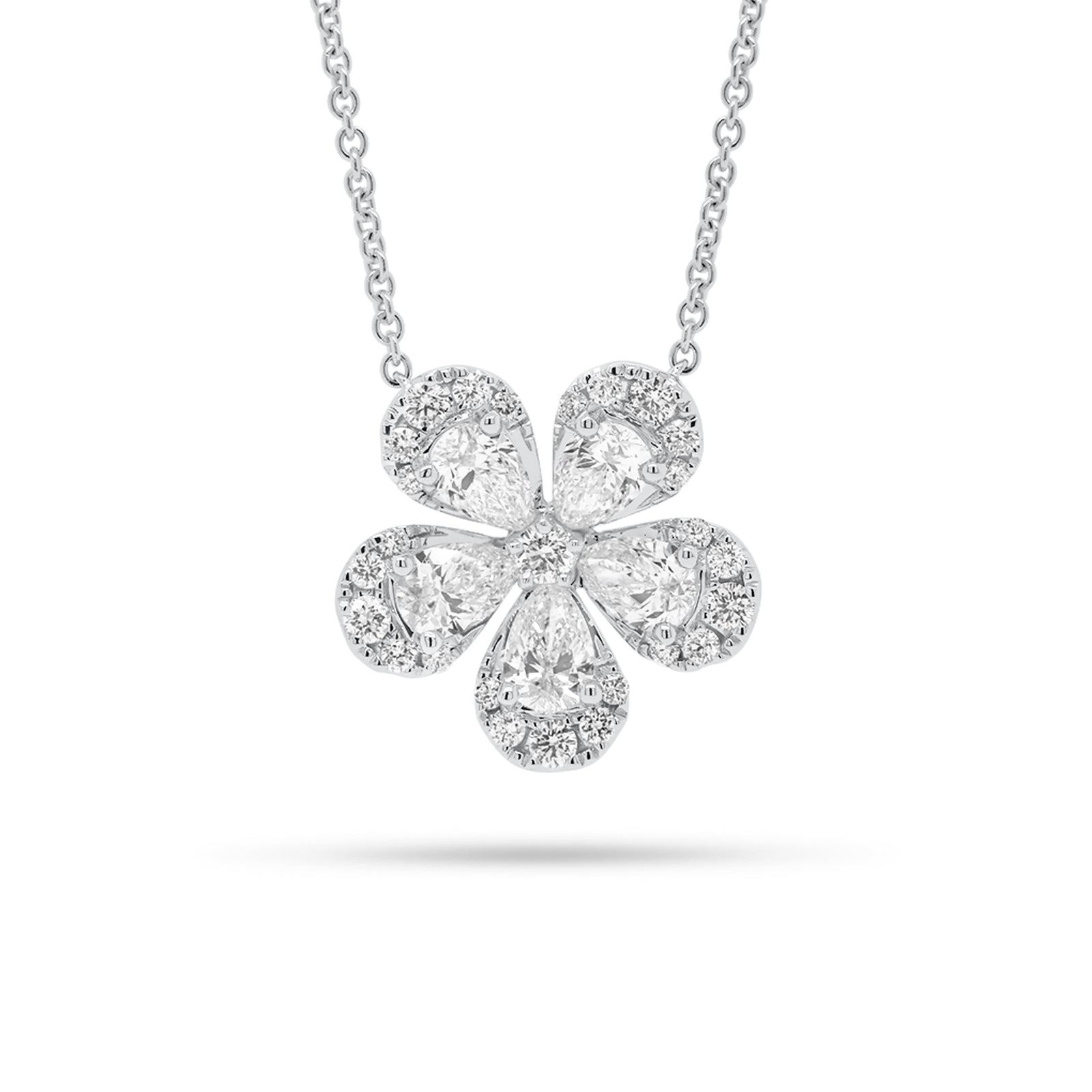 Round & Pear-Shaped Diamond Flower Pendant Necklace - 18K gold weighing 6.32 grams  - 5 pear-shaped diamonds weighing 1.49 carats  - 30 round diamonds weighing 0.54 carats