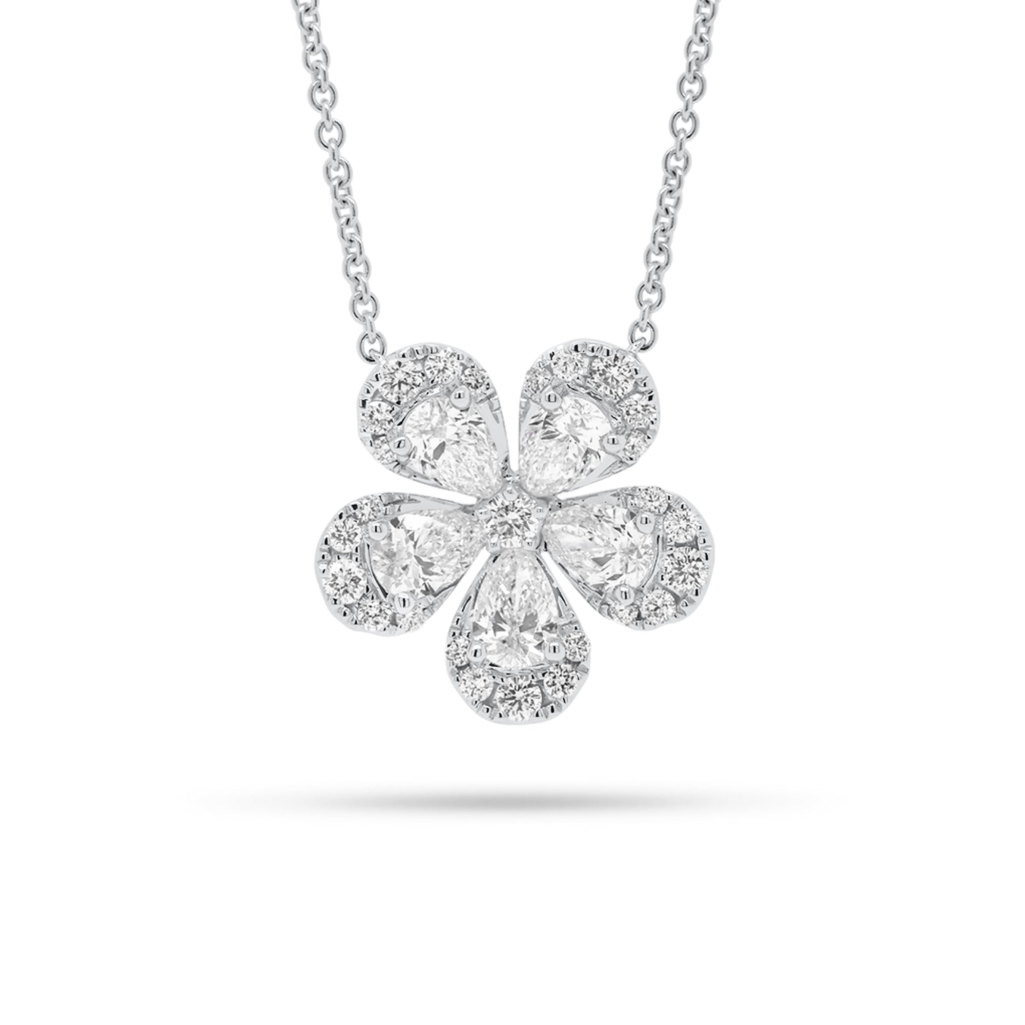 Round & Pear-Shaped Diamond Flower Pendant Necklace - 18K gold weighing 6.32 grams  - 5 pear-shaped diamonds weighing 1.49 carats  - 30 round diamonds weighing 0.54 carats