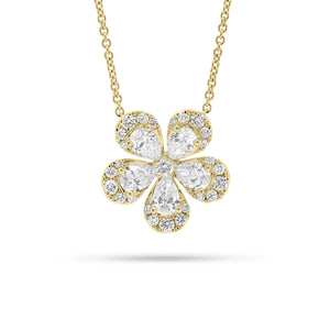 Round & Pear-Shaped Diamond Flower Pendant Necklace - 18K gold weighing 6.32 grams - 5 pear-shaped diamonds weighing 1.49 carats - 30 round diamonds weighing 0.54 carats