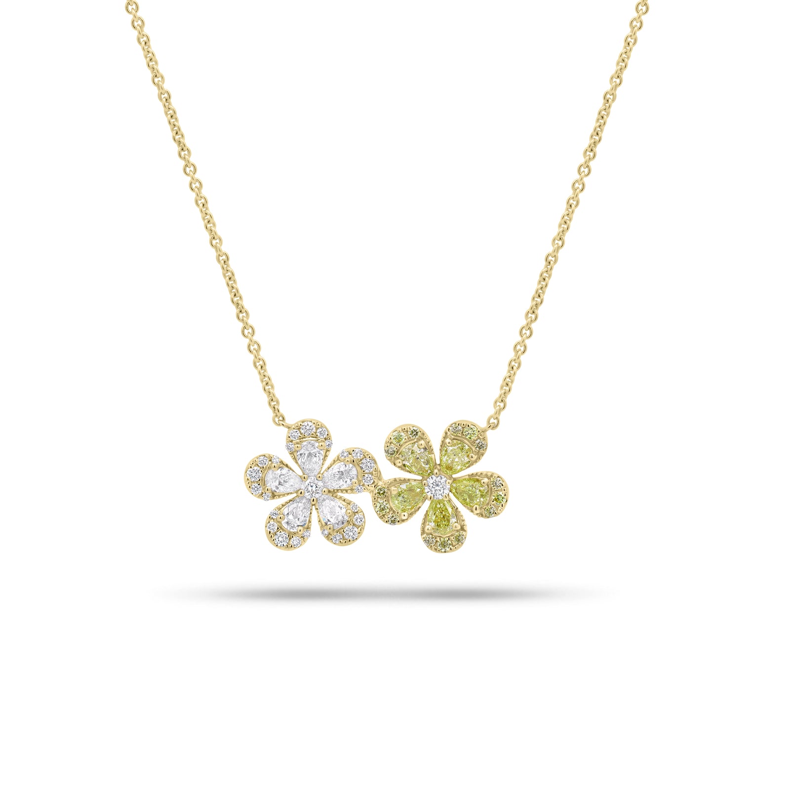 Yellow Diamond Double Daisy Pendant Necklace - 18K gold weighing 5.55 grams - 5 pear-shaped diamonds weighing 0.41 carats - 5 pear-shaped yellow diamonds weighing 0.59 carats - 31 round diamonds weighing 0.31 carats - 15 round yellow diamonds weighing 0.11 carats