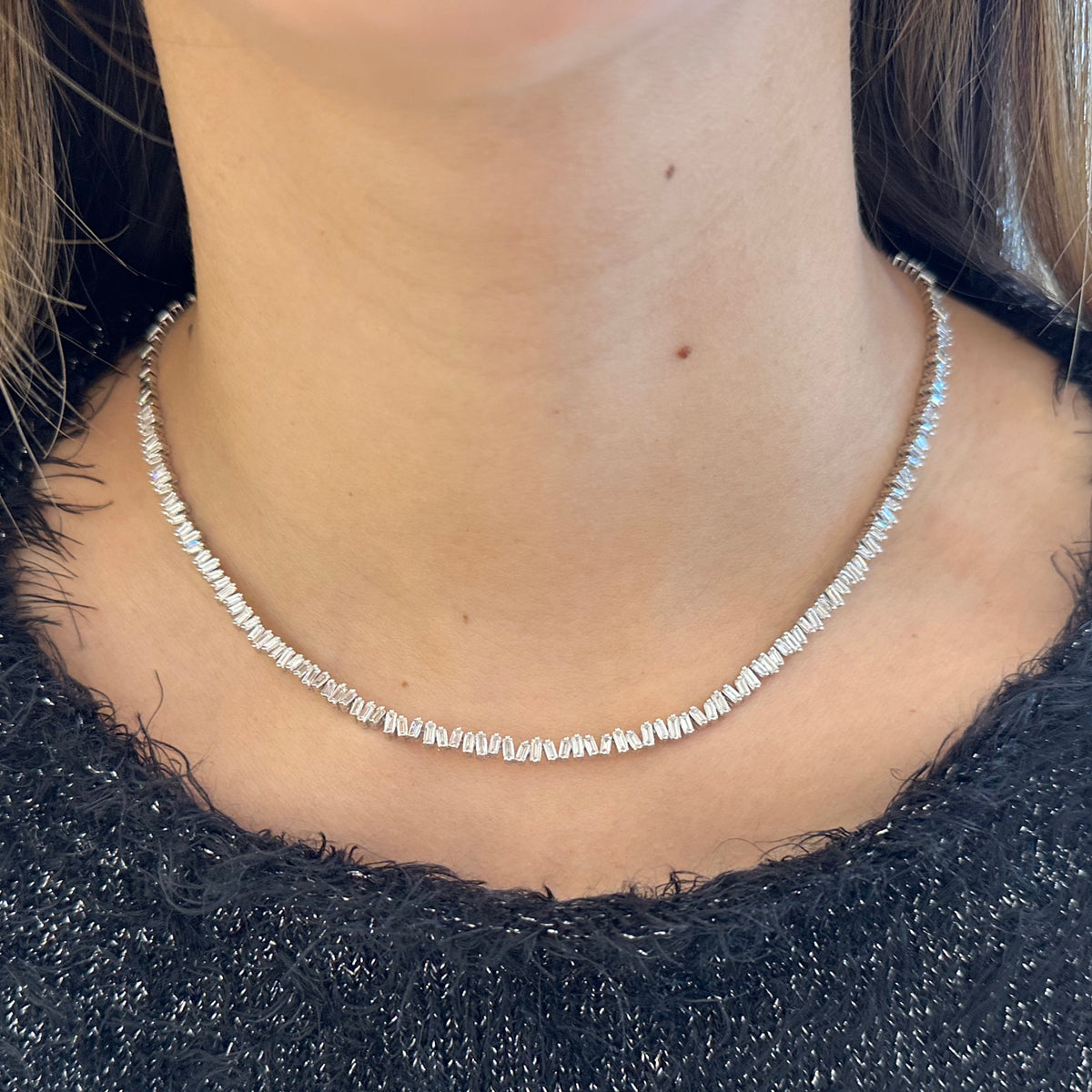 Female Model Wearing Diamond Baguette & Gold Rectangles Necklace - 18K gold weighing 23.49 grams - 107 straight baguette diamonds weighing 3.53 carats