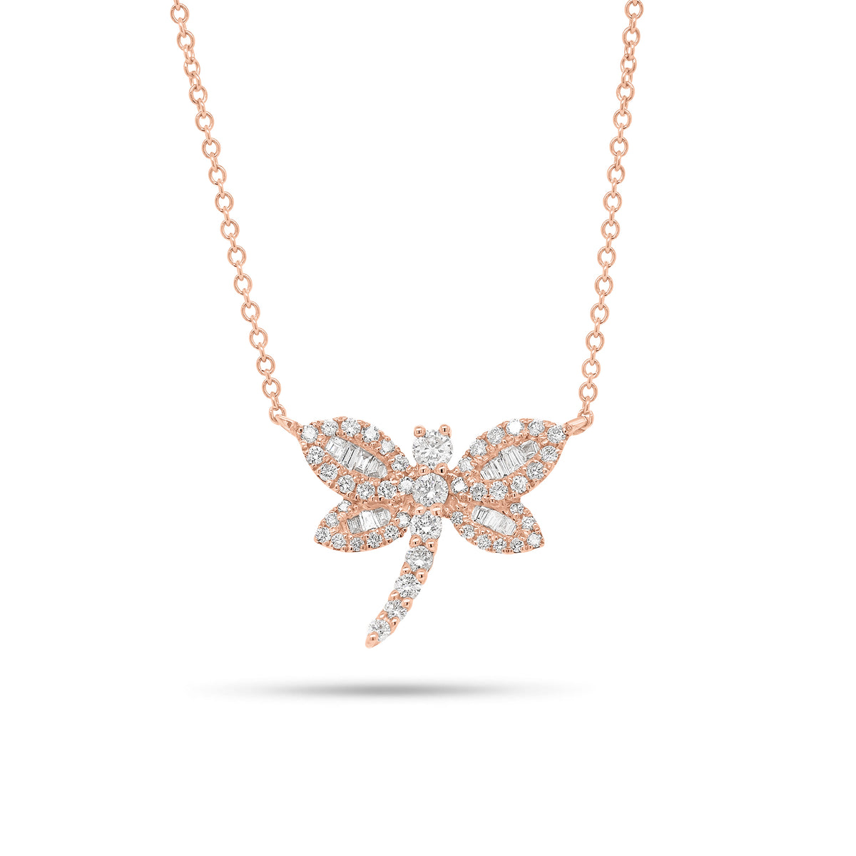 Baguette & Round Diamond Dragonfly Pendant Necklace - 14K gold weighing 2.28 grams - 49 round diamonds weighing 0.28 carats - 14 straight baguettes weighing 0.07 carats