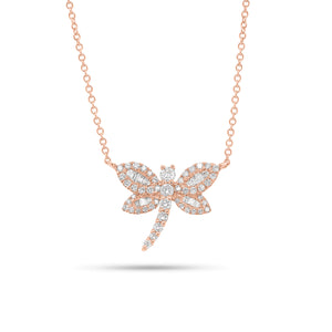 Baguette & Round Diamond Dragonfly Pendant Necklace - 14K gold weighing 2.28 grams - 49 round diamonds weighing 0.28 carats - 14 straight baguettes weighing 0.07 carats