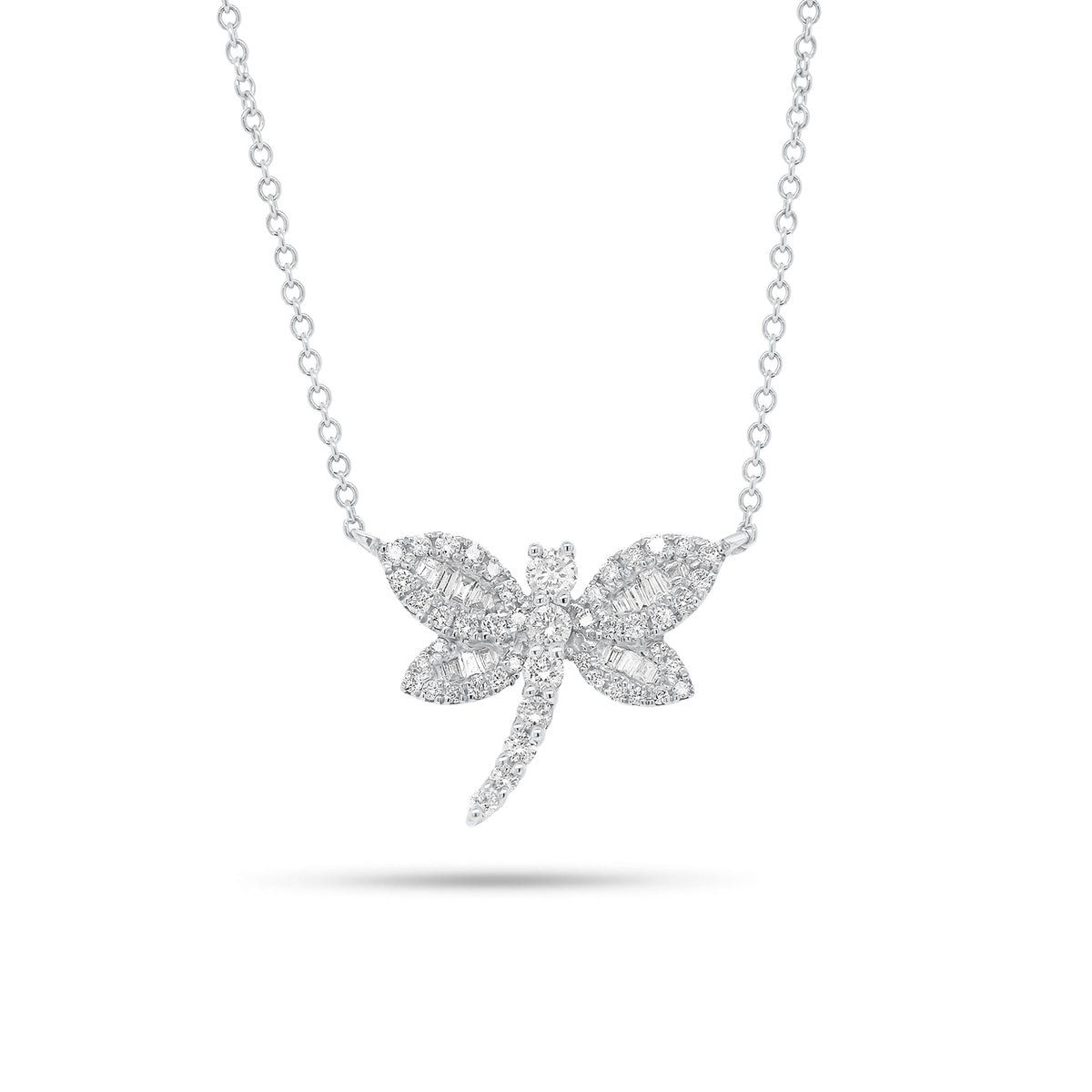 Baguette & Round Diamond Dragonfly Pendant Necklace - 14K gold weighing 2.28 grams - 49 round diamonds weighing 0.28 carats - 14 straight baguettes weighing 0.07 carats