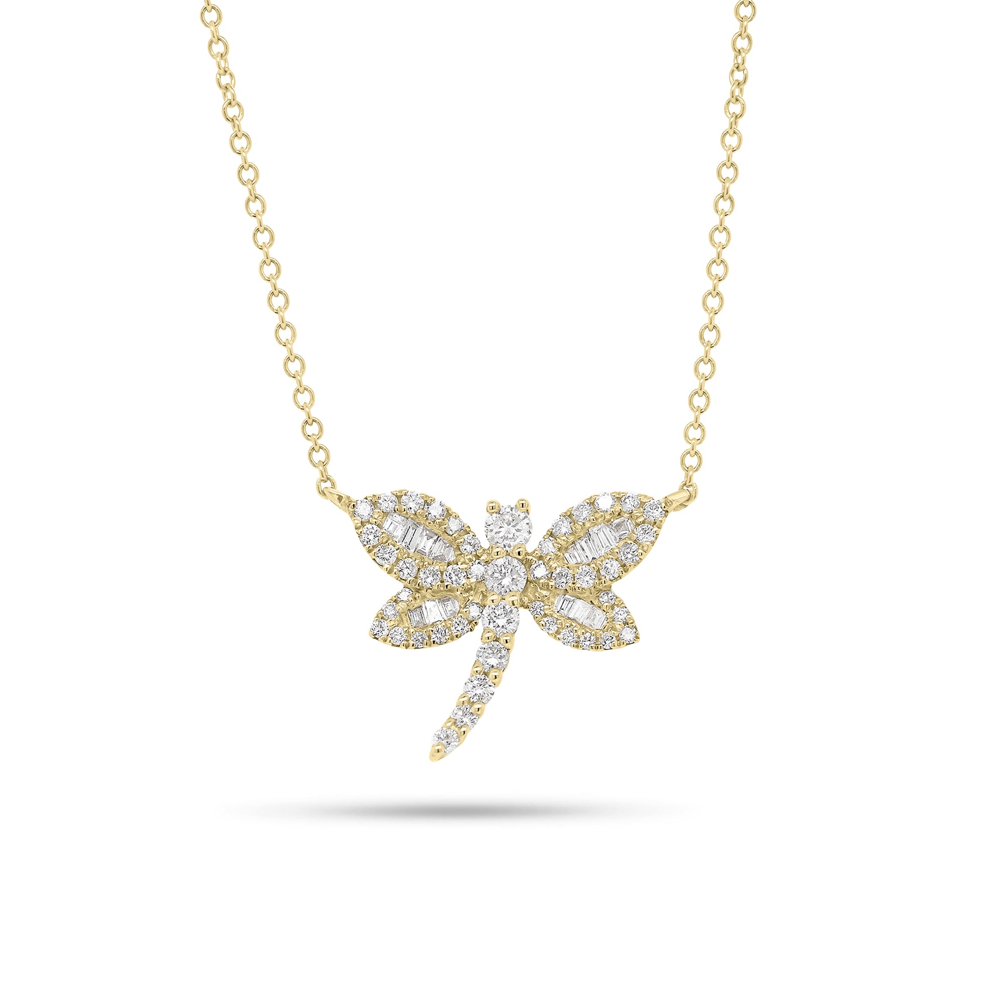 Baguette & Round Diamond Dragonfly Pendant Necklace - 14K gold weighing 2.28 grams  - 49 round diamonds weighing 0.28 carats  - 14 straight baguettes weighing 0.07 carats