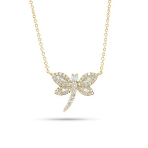 Baguette & Round Diamond Dragonfly Pendant Necklace - 14K gold weighing 2.28 grams  - 49 round diamonds weighing 0.28 carats  - 14 straight baguettes weighing 0.07 carats