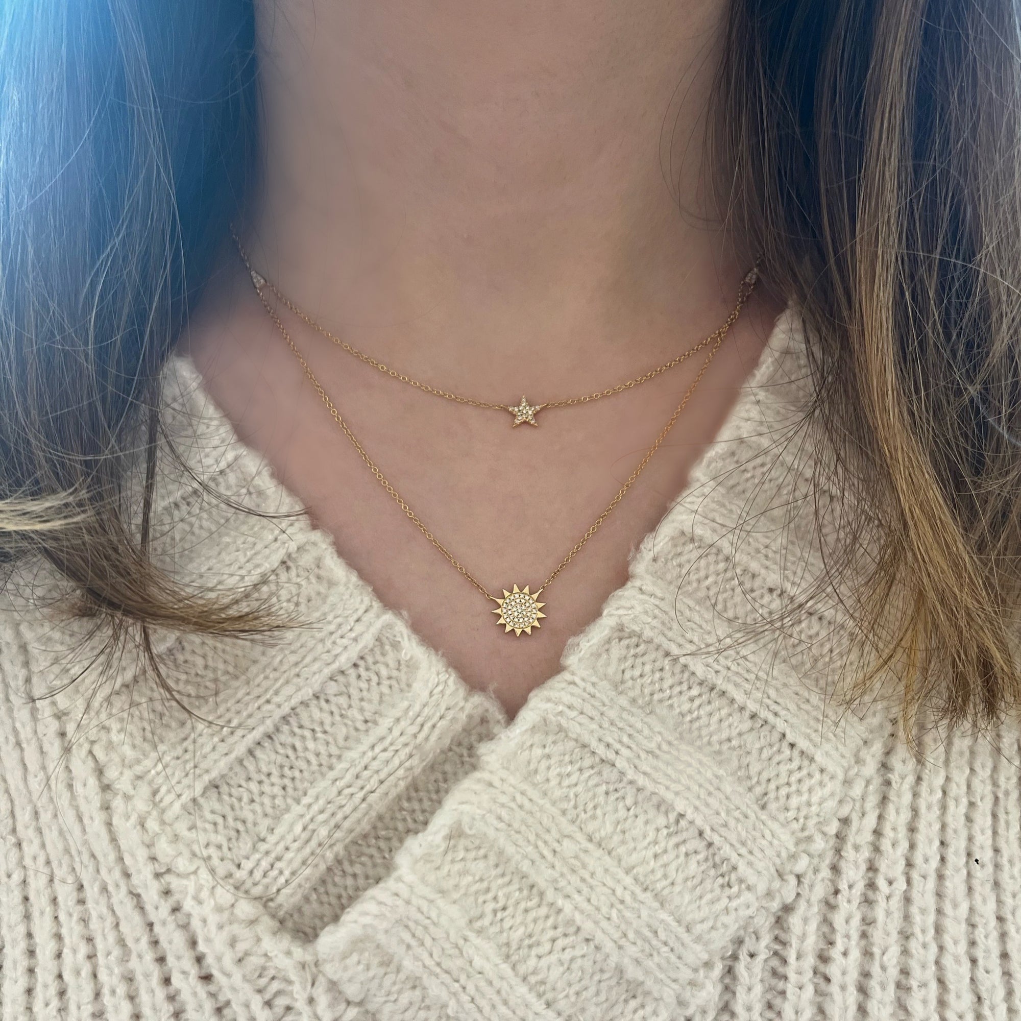Sun & Star Layered Diamond Necklace  -14k gold weighing 1.5 grams  -Round diamonds weighing .06 carats  Available in yellow, white, & rose gold.