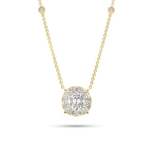 1.65 ct Halo Diamond Pendant with Diamond Chain - 18K gold weighing 4.95 grams - 15 round diamonds weighing 0.64 carats - 1.01 ct round diamond (GIA-graded H-color, I1 clarity). Stone has been enhanced for clarity.