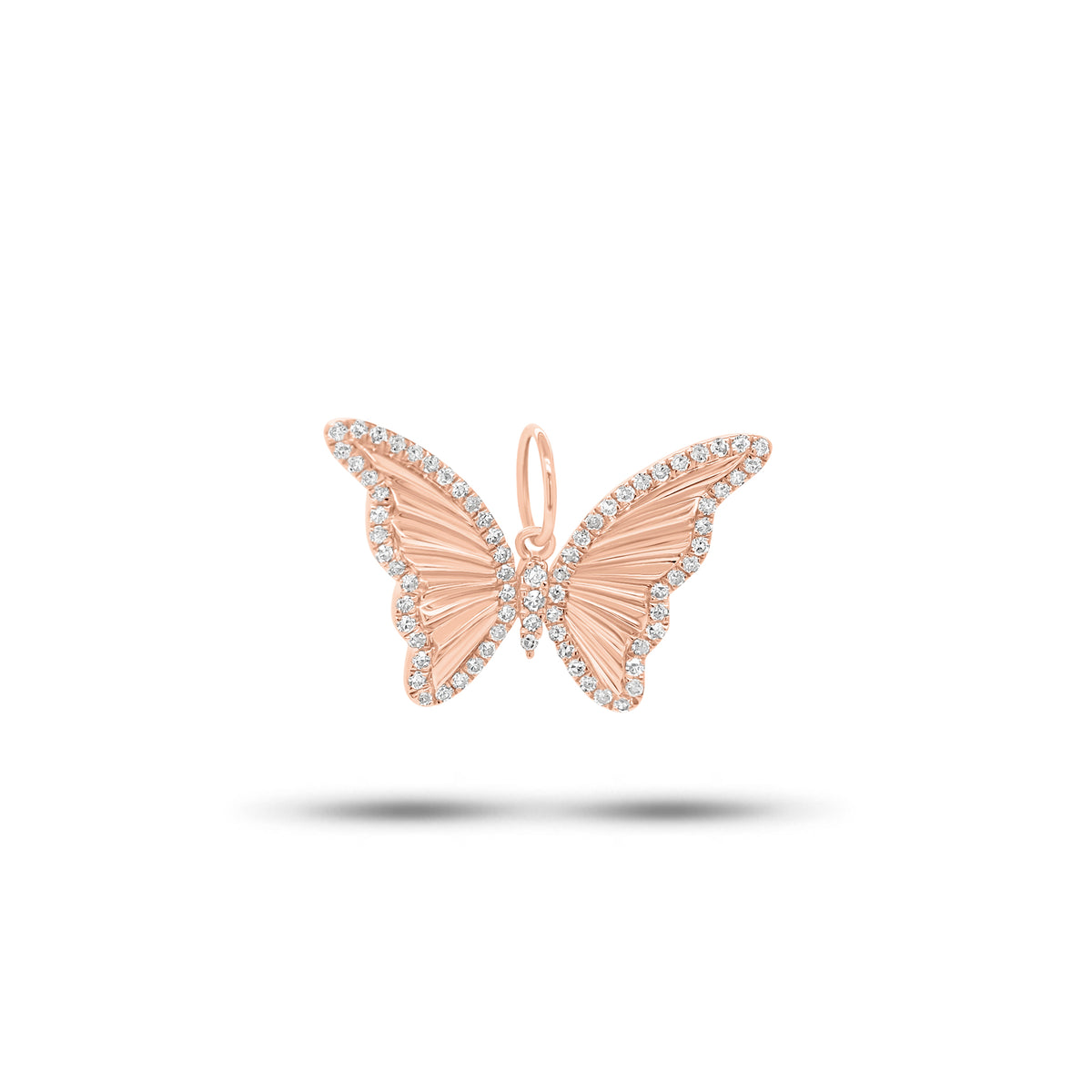 Diamond & Pleated Gold Butterfly Pendant - 14K gold weighing 1.15 grams - 74 round diamonds weighing 0.15 carats