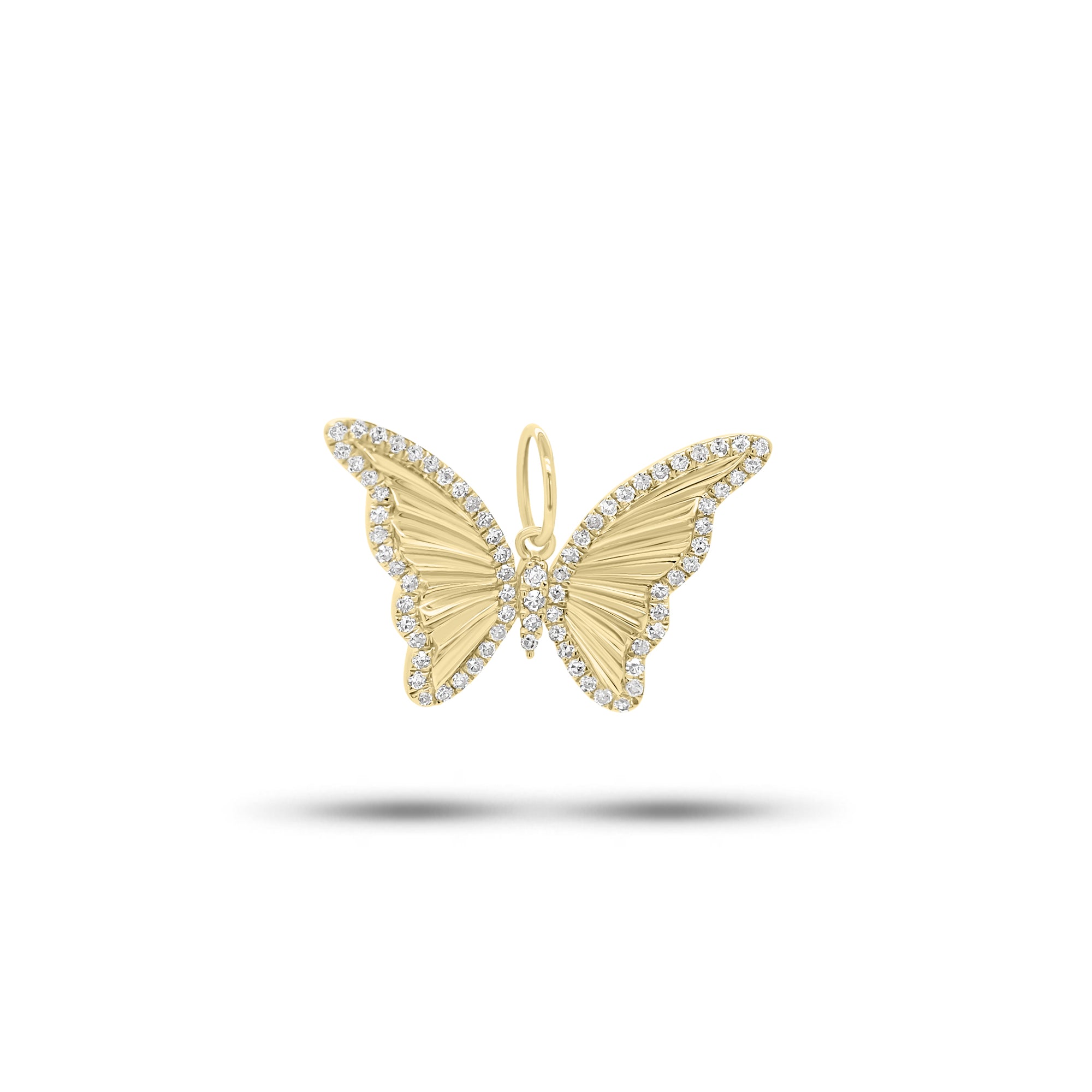 Diamond & Pleated Gold Butterfly Pendant - 14K gold weighing 1.15 grams  - 74 round diamonds weighing 0.15 carats