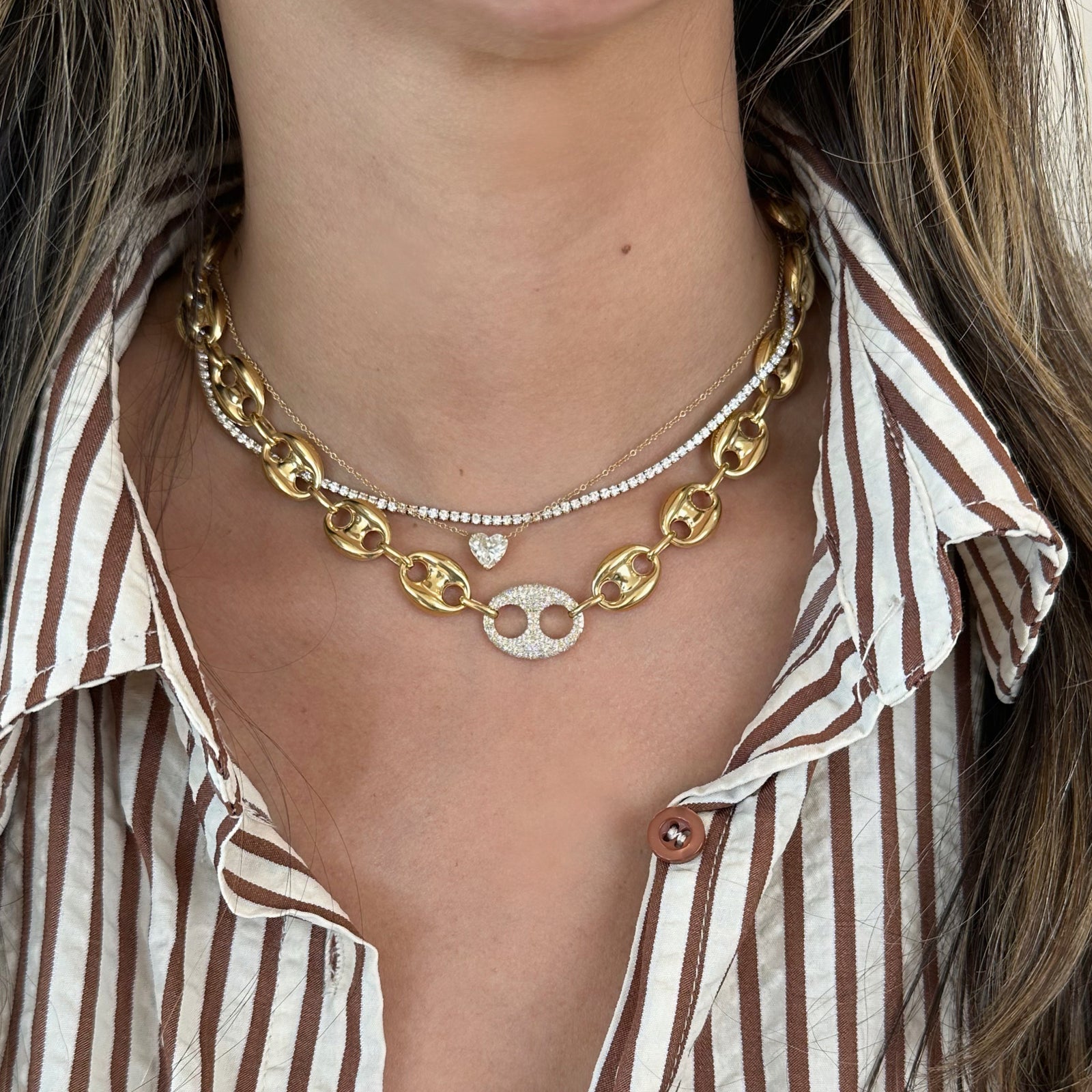 Gold Puffed Mariner Chain Necklace with Diamond Accent Link - 14K gold weighing 23.35 grams - 182 round diamonds weighing 0.69 carats