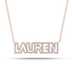 Diamond Block Letter Nameplate Necklace - 14K gold weighing 3.27 grams - 114 round diamonds weighing 0.54 carats