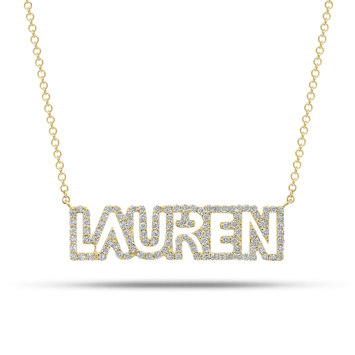 Diamond Block Letter Nameplate Necklace - 14K gold weighing 3.27 grams  - 114 round diamonds weighing 0.54 carats