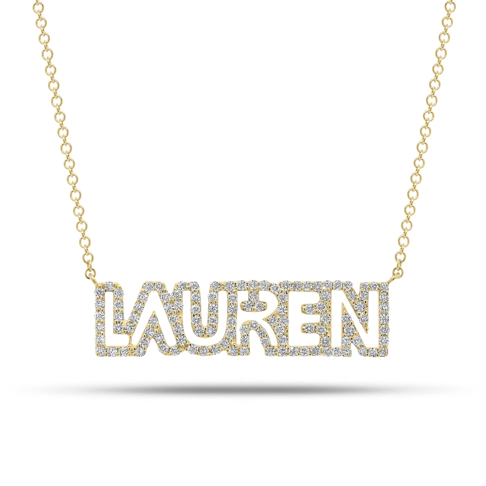 Diamond Block Letter Nameplate Necklace - 14K gold weighing 3.27 grams  - 114 round diamonds weighing 0.54 carats