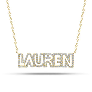 Diamond Block Letter Nameplate Necklace - 14K gold weighing 3.27 grams  - 114 round diamonds weighing 0.54 carats