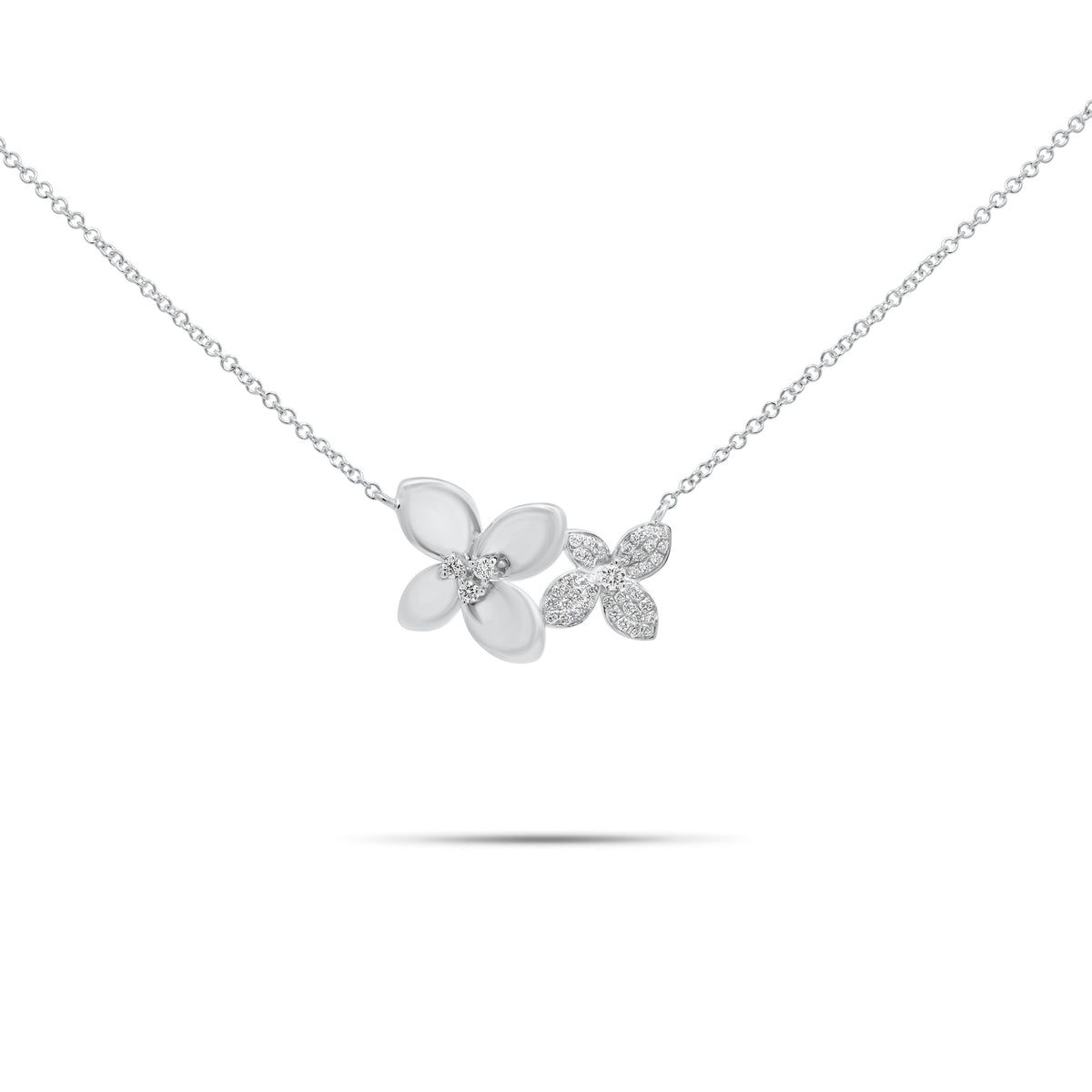 Diamond Flower Duo Pendant Necklace - 14K gold weighing 3.20 grams - 44 round diamonds weighing 0.18 carats