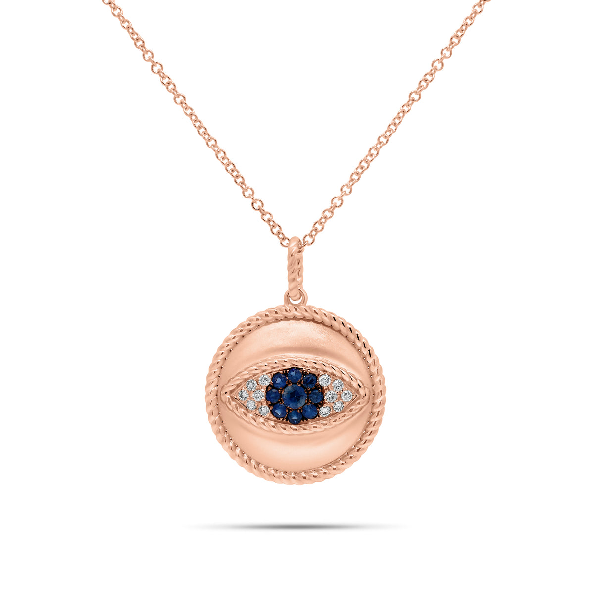 Sapphire & Diamond Evil Eye Pendant with Rope Edge - 14K gold weighing 4.17 grams - 12 round diamonds weighing 0.10 carats - 9 sapphires weighing 0.22 carats