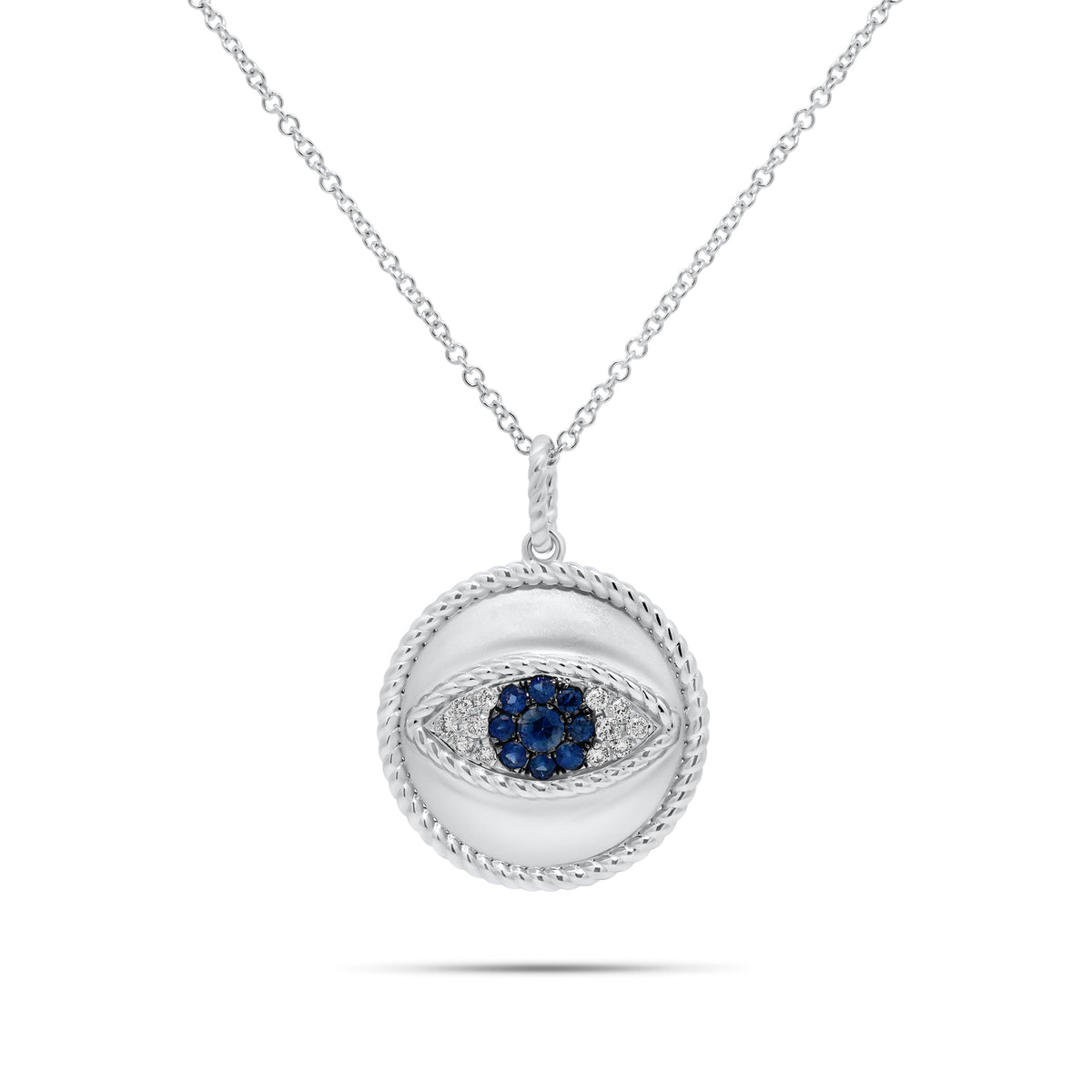 Sapphire & Diamond Evil Eye Pendant with Rope Edge - 14K gold weighing 4.17 grams - 12 round diamonds weighing 0.10 carats - 9 sapphires weighing 0.22 carats