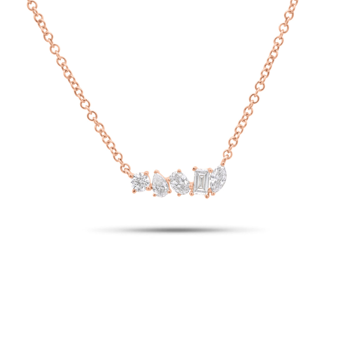 Multi-Shape Diamond 5-Stone Bar Pendant Necklace - 14K gold weighing 1.80 grams
- 5 mixed shape diamonds weighing 0.27 carats