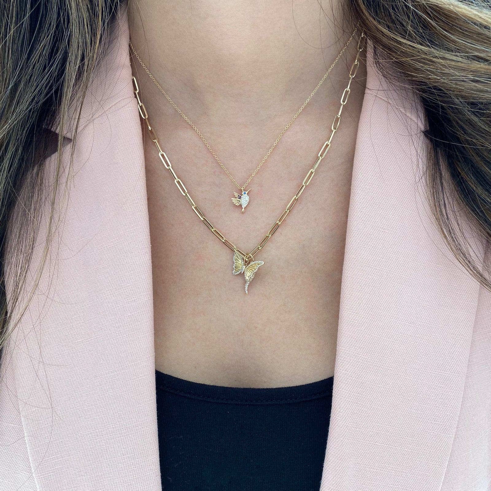 Diamond & Sapphire Hummingbird Pendant - 14K gold weighing 2.18 grams  - 22 round diamonds weighing 0.05 carats  - 0.01 ct sapphire