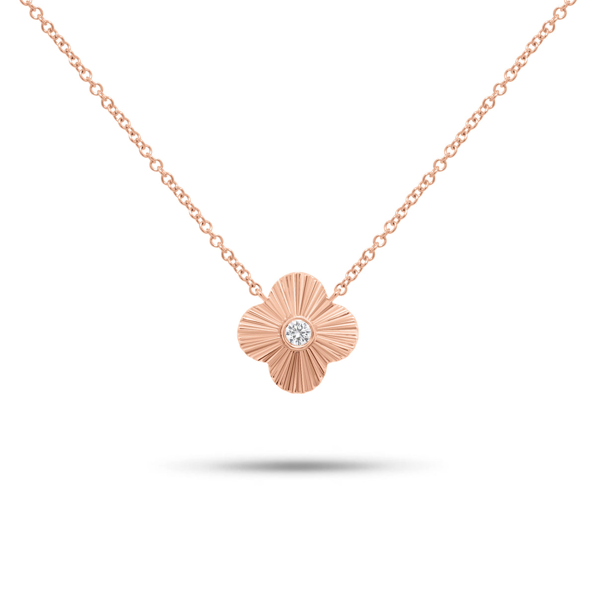 Diamond & Ridged Gold Clover Pendant Necklace - 14K gold weighing 2.22 grams  - 0.05 ct round diamond 