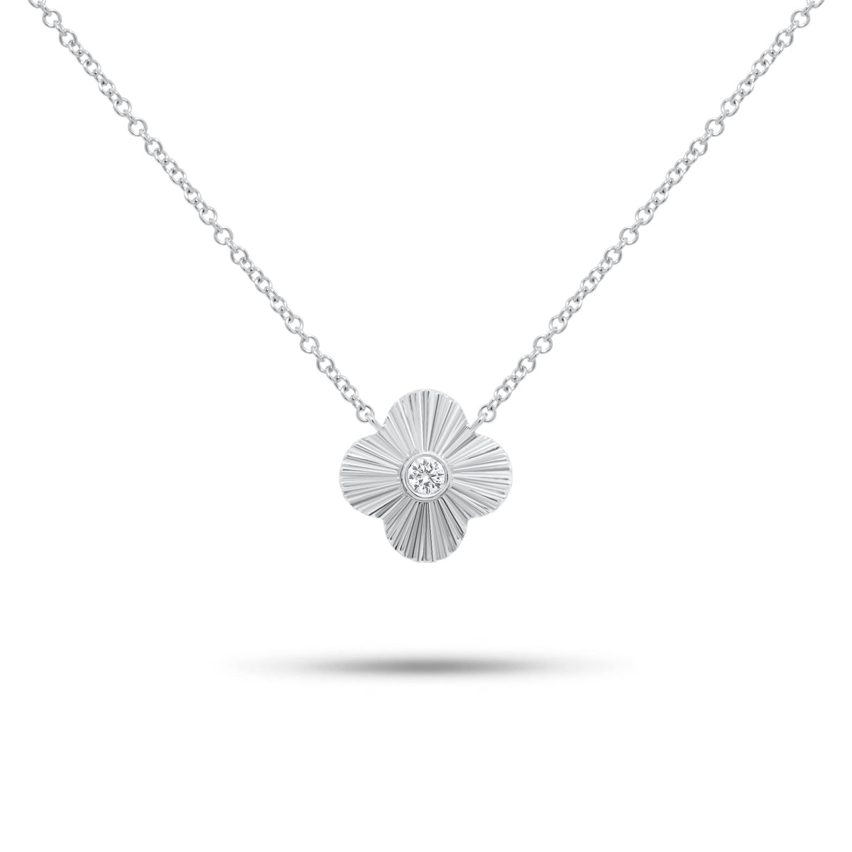 Diamond & Ridged Gold Clover Pendant Necklace - 14K gold weighing 2.22 grams  - 0.05 ct round diamond 