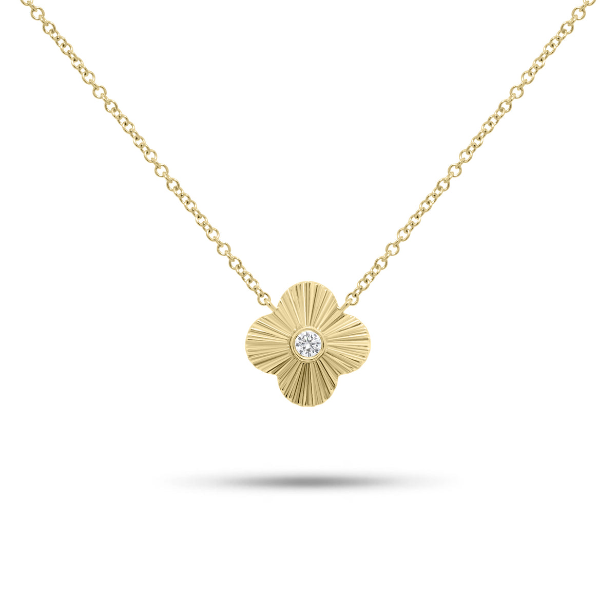 Diamond & Ridged Gold Clover Pendant Necklace - 14K gold weighing 2.22 grams  - 0.05 ct round diamond 