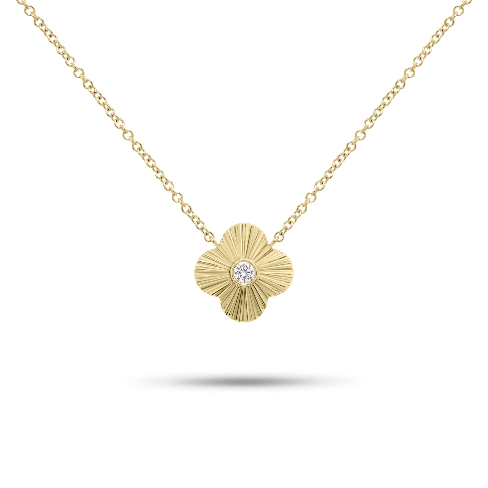 Diamond & Ridged Gold Clover Pendant Necklace - 14K gold weighing 2.22 grams  - 0.05 ct round diamond 