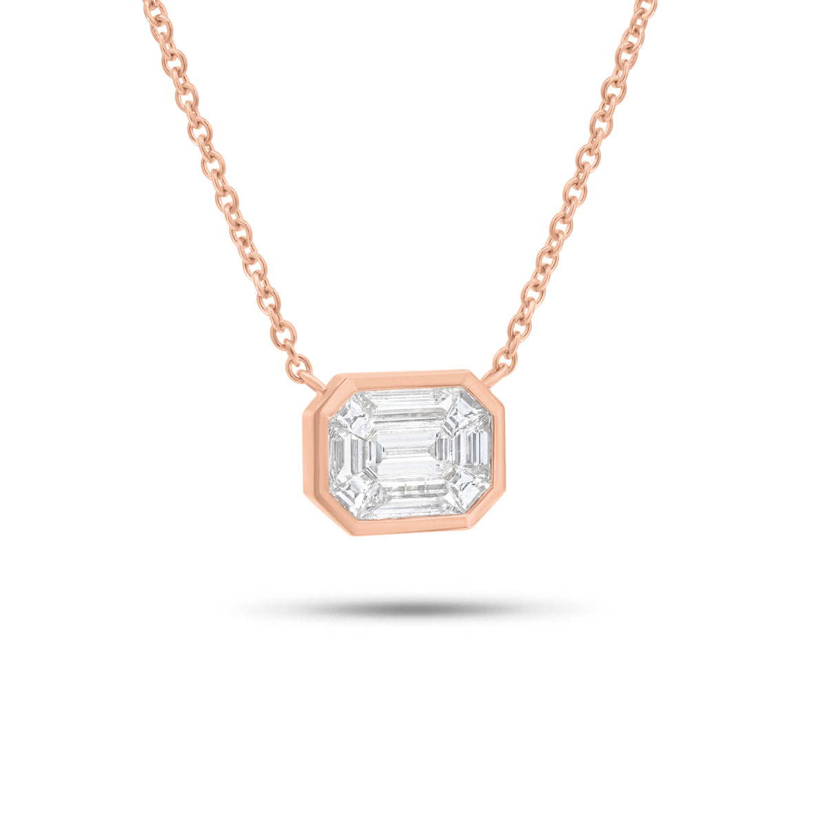 Bezel-Set Illusion Emerald-Cut Diamond Pendant Necklace - 14K gold weighing 4.38 grams
- 9 mixed shape diamonds weighing 1.02 carats