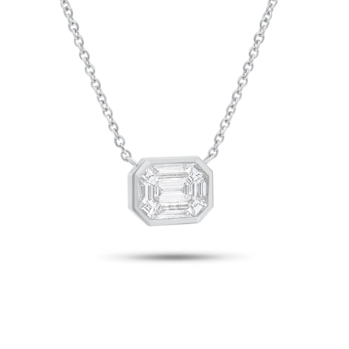 Bezel-Set Illusion Emerald-Cut Diamond Pendant Necklace - 14K gold weighing 4.38 grams
- 9 mixed shape diamonds weighing 1.02 carats