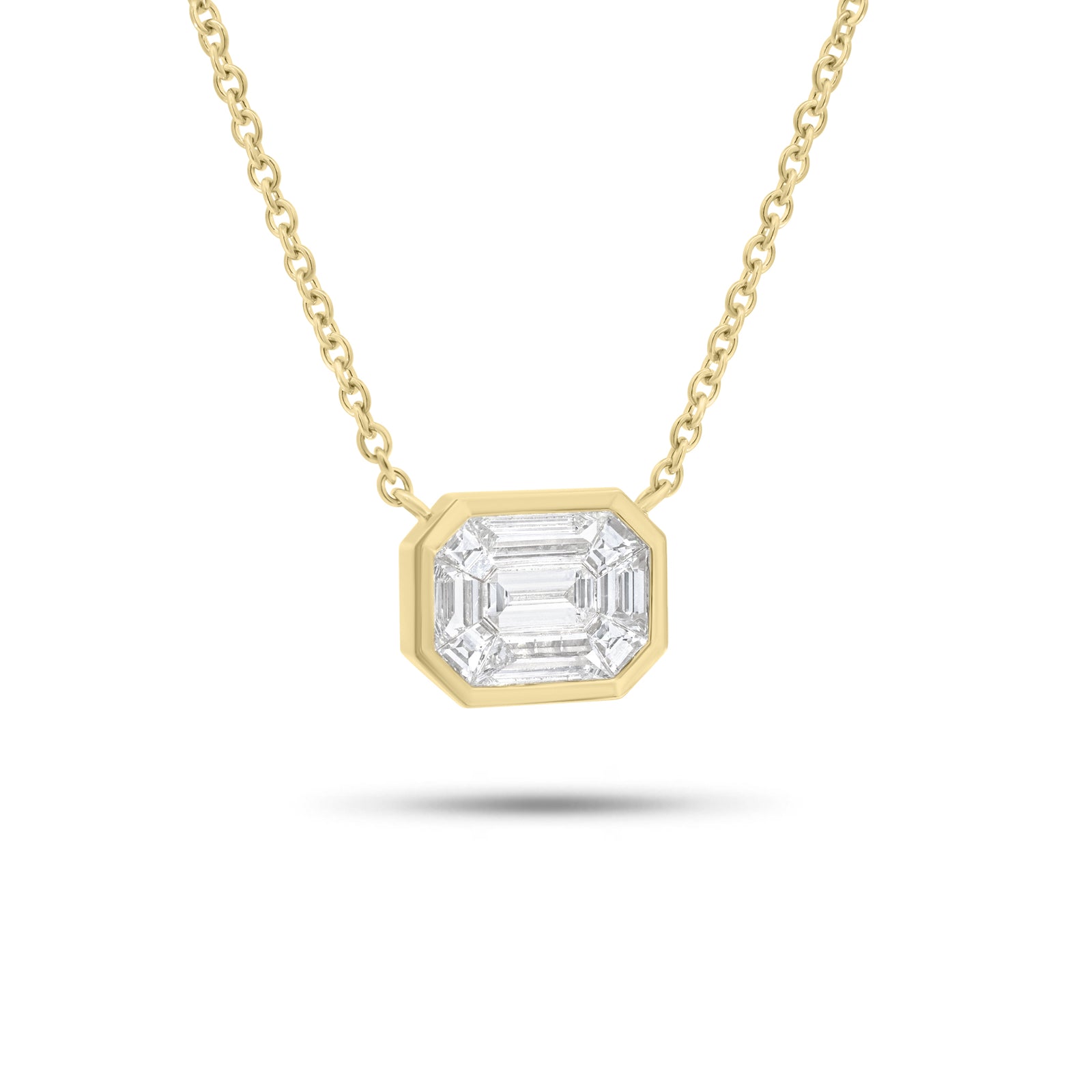 Bezel-Set Illusion Emerald-Cut Diamond Pendant Necklace - 14K gold weighing 4.38 grams
- 9 mixed shape diamonds weighing 1.02 carats