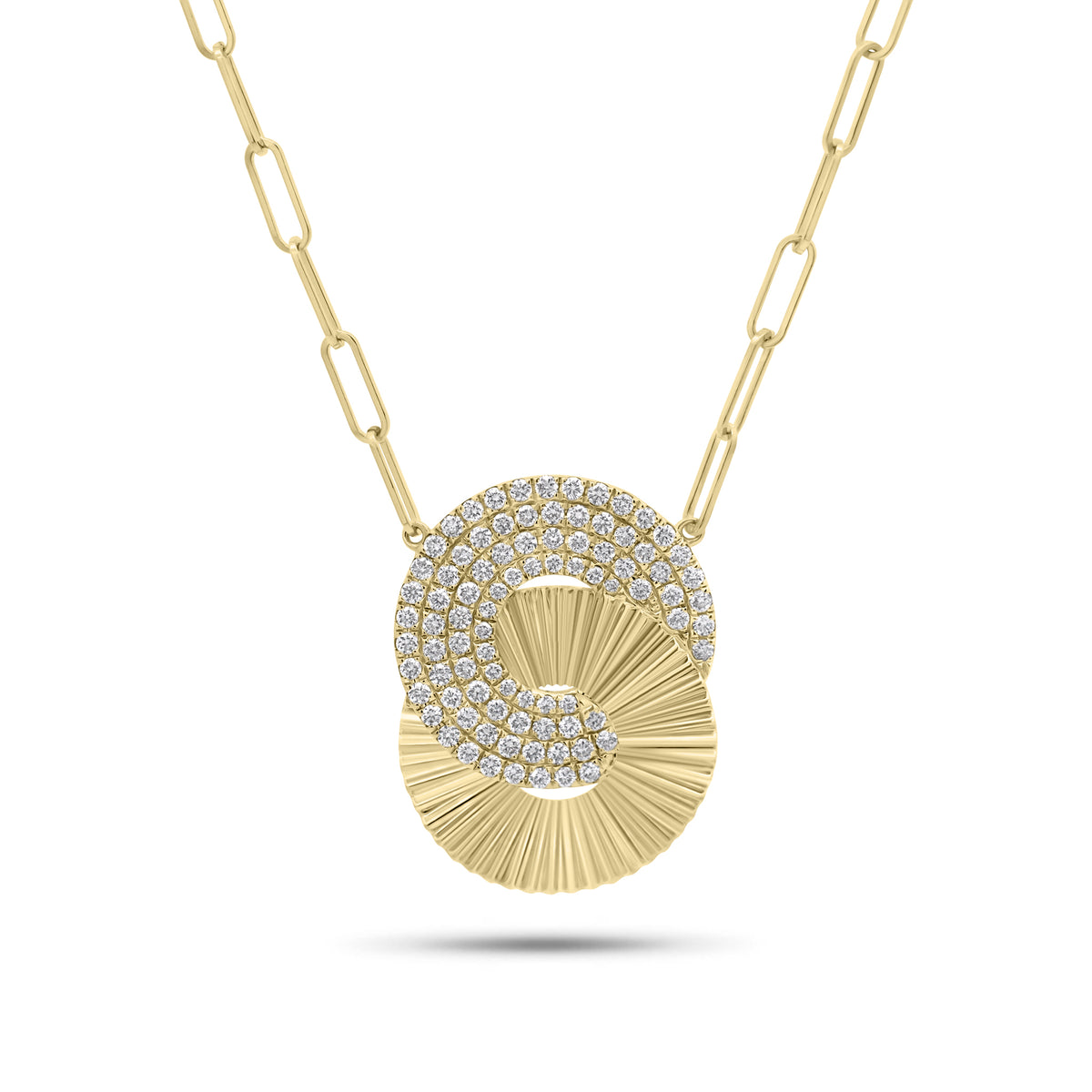 Diamond and fluted gold links pendant necklace - 14K gold weighing 6.25 grams
- 88 round diamonds weighing 0.62 carats