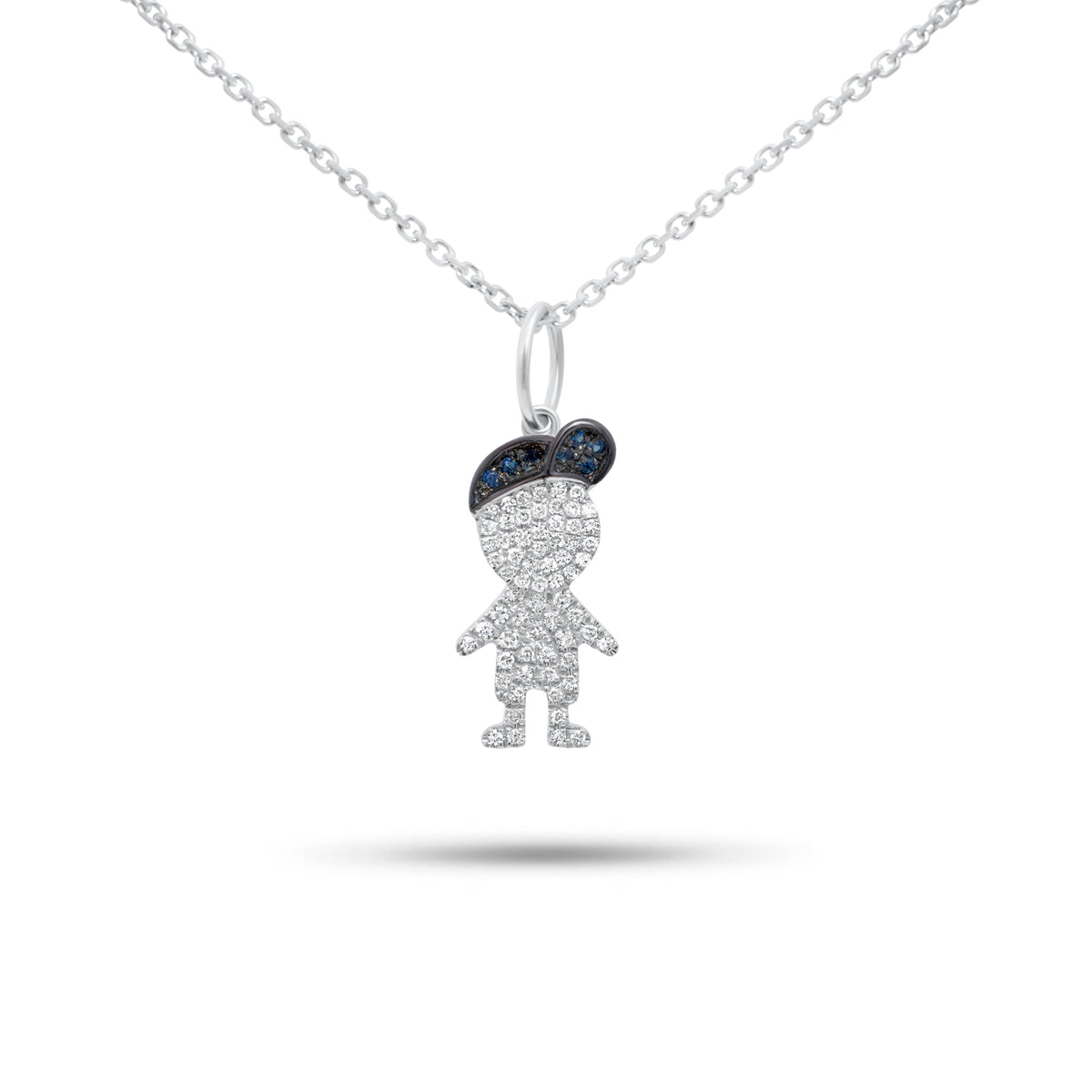 Diamond & Sapphire Boy Pendant - 14K gold weighing 2.50 grams  - 65 round diamonds weighing 0.13 carats  - 7 sapphires weighing 0.02 carats