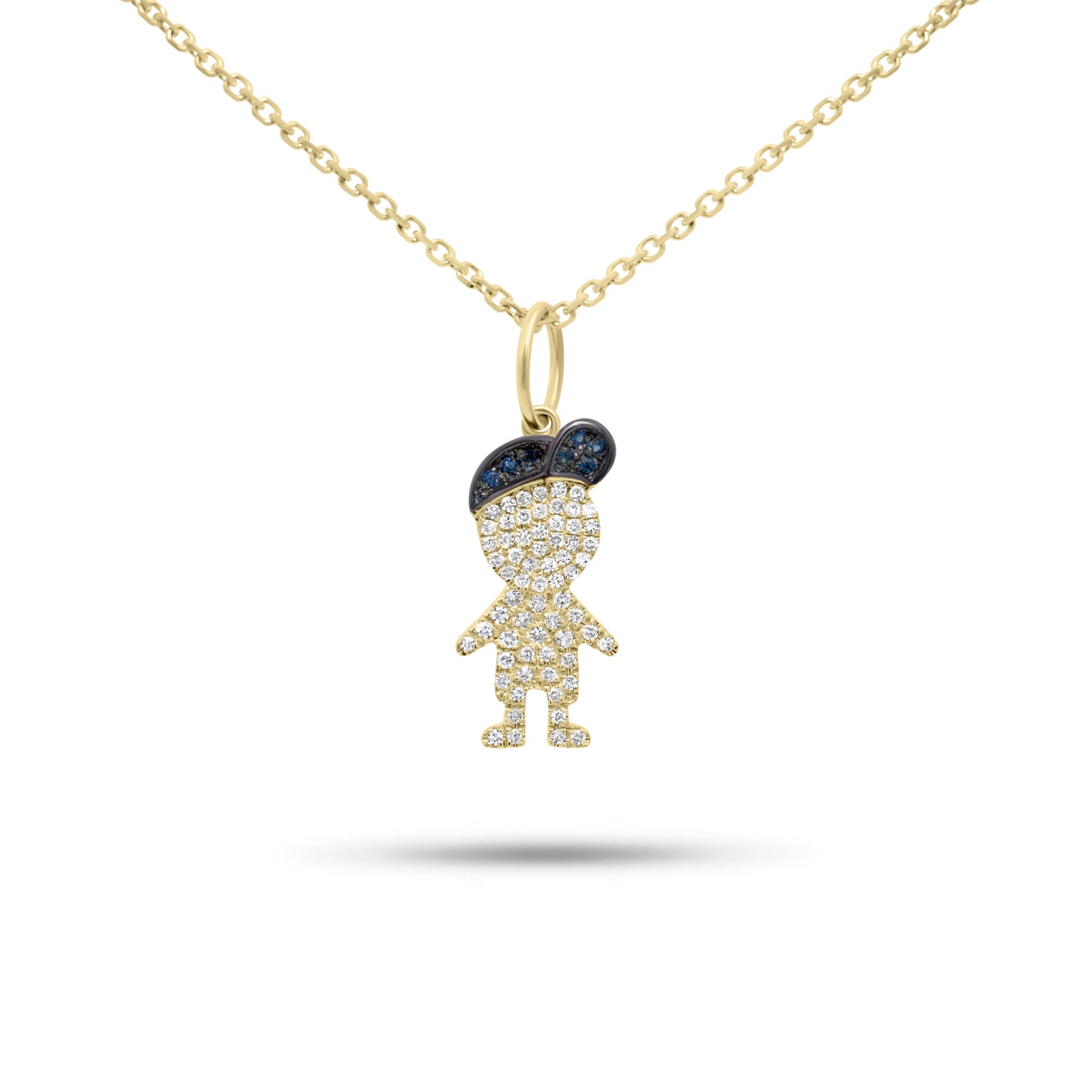 Diamond & Sapphire Boy Pendant - 14K gold weighing 2.50 grams  - 65 round diamonds weighing 0.13 carats  - 7 sapphires weighing 0.02 carats