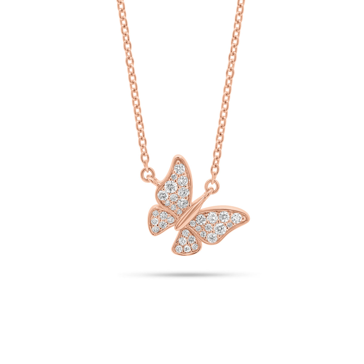 Pave Diamond Fluttery Butterfly Pendant Necklace - 14K gold weighing 5.10 grams - 34 round diamonds weighing 0.37 carats